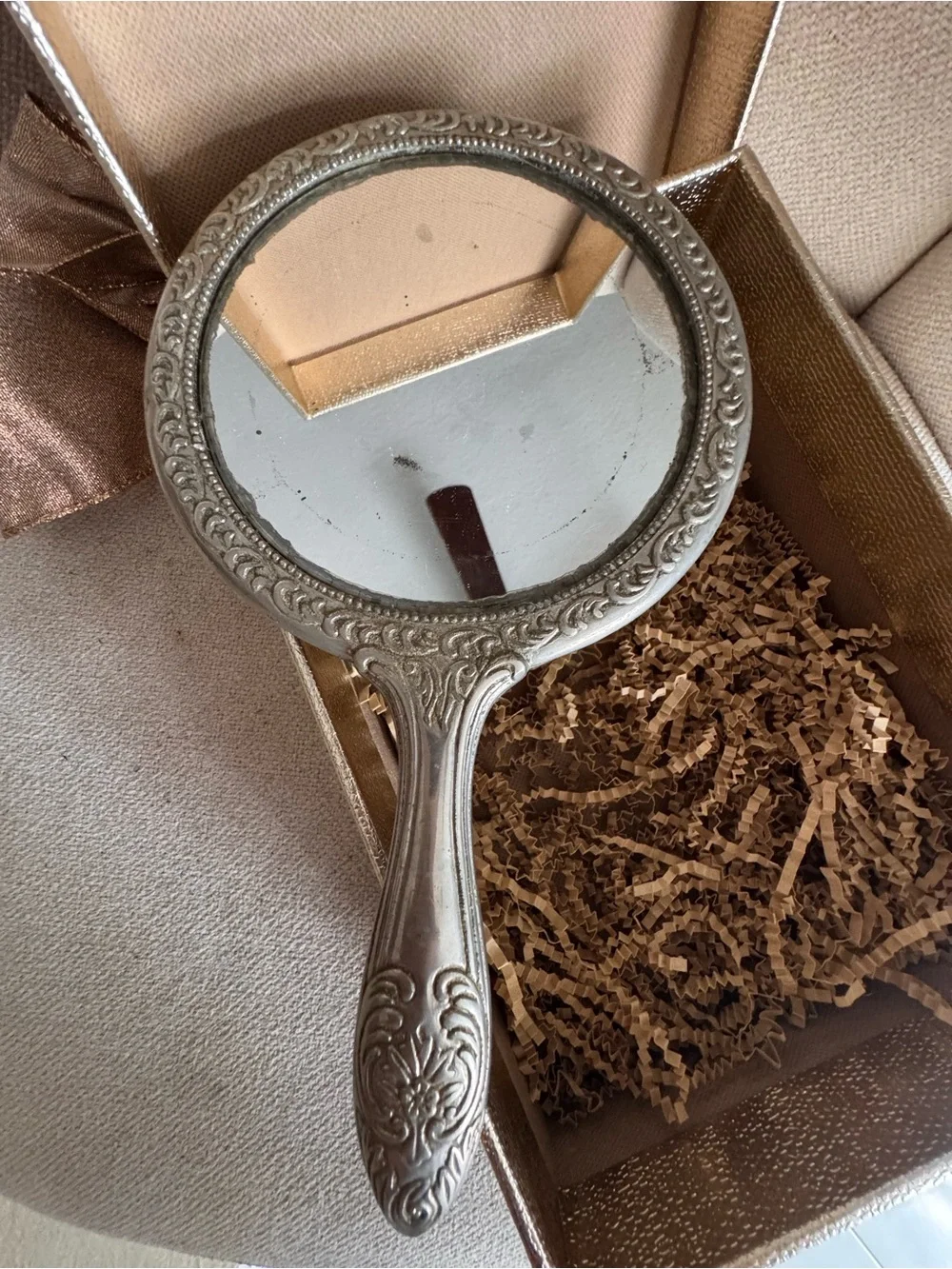 Vintage Silver Plated Victorian Style Vanity Hand Mirror Ornate Floral